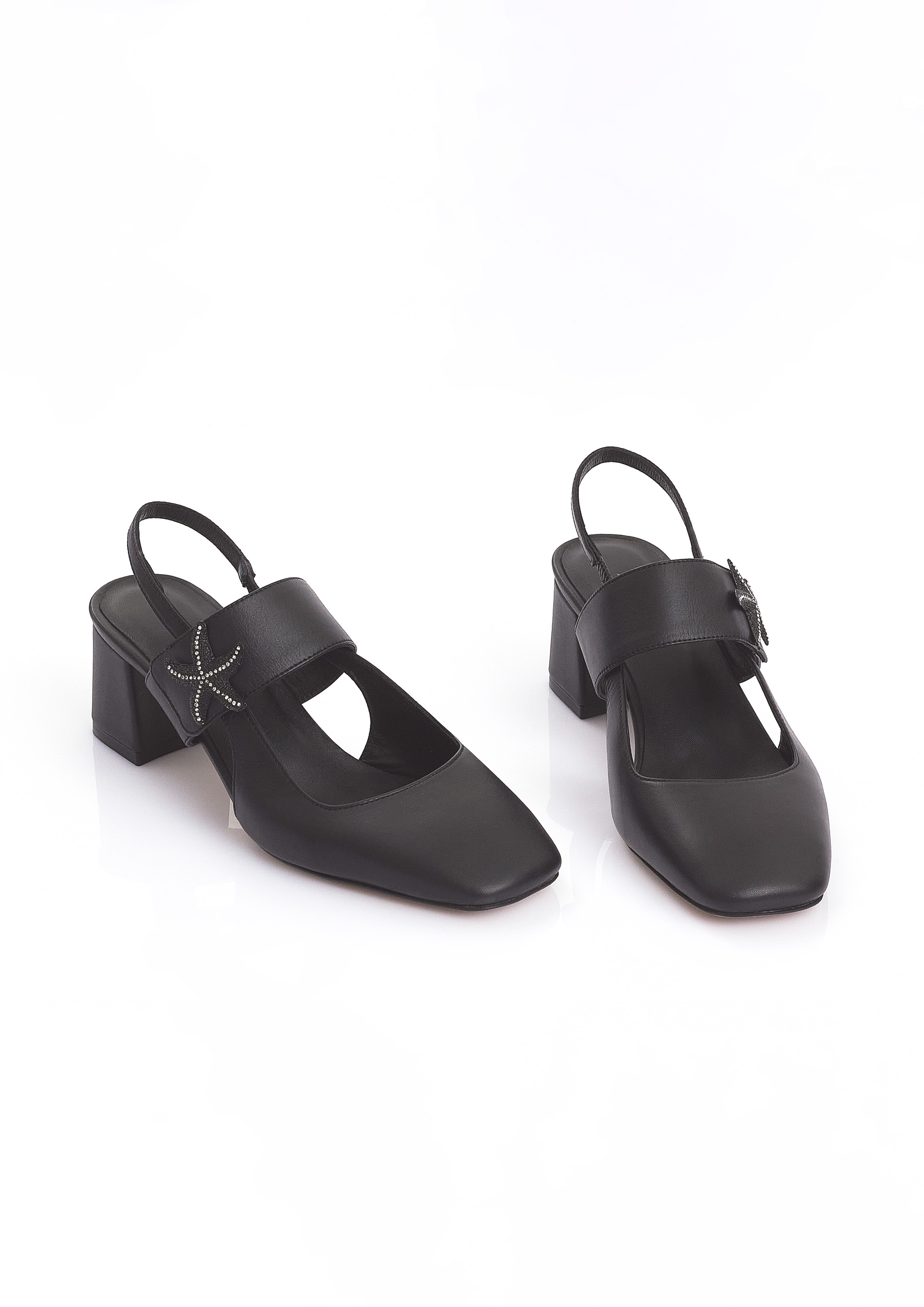 MARITZA black slingback Mary Jane heels with crystal starfish embellishment - handmade genuine leather