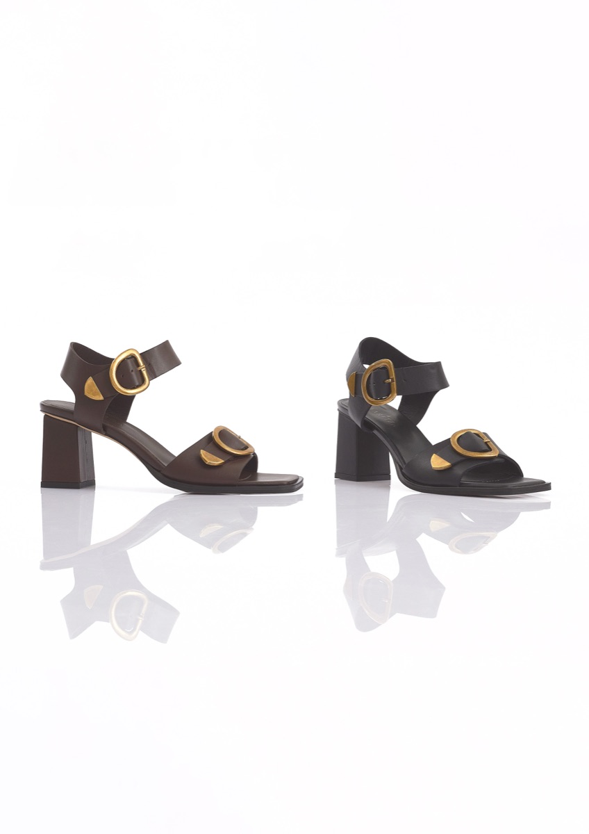 MARITZA MZ-117 brown and black leather block heel sandals with gold buckle