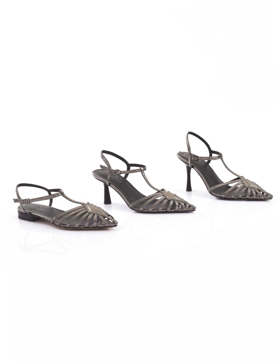 MARITZA MZ-103 metallic pewter cage sandals - flat, kitten and stiletto heel